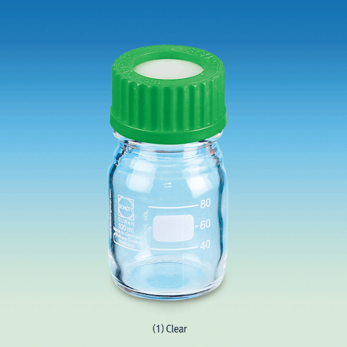 Piercing Bottle, Clear, w/ 3mm PTFE/Butyl Septa. Sealed GL-cap, 100ml