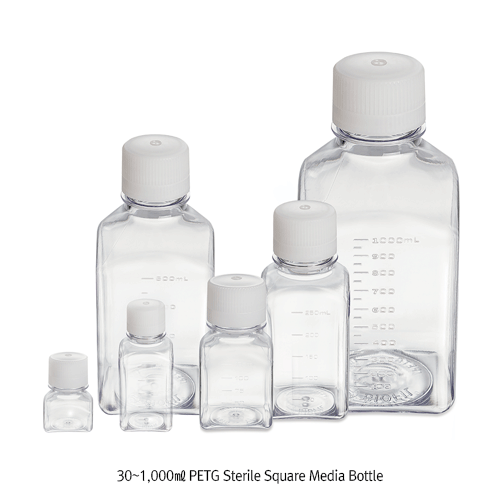 Bottle, Media, Square, 30ml, PETG, Sterile, Φ38.2xh62.5mm, Neck id 13.8mm