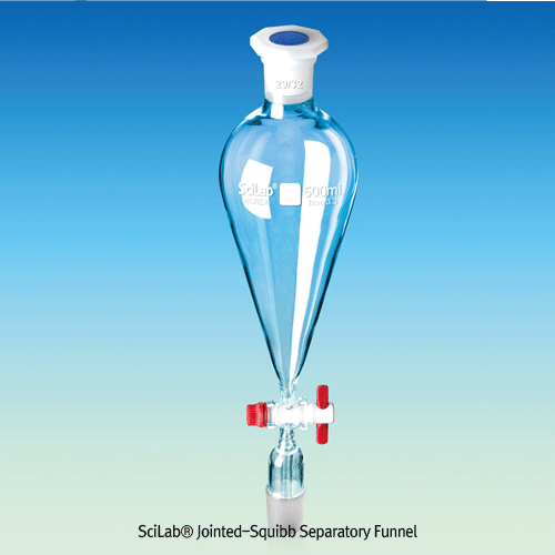 Funnel, Sepa., Squibb, 24/40 ASTM Joint, with PTFE-plug Bore-3mm, 29/32 PE Stopper, 250ml
