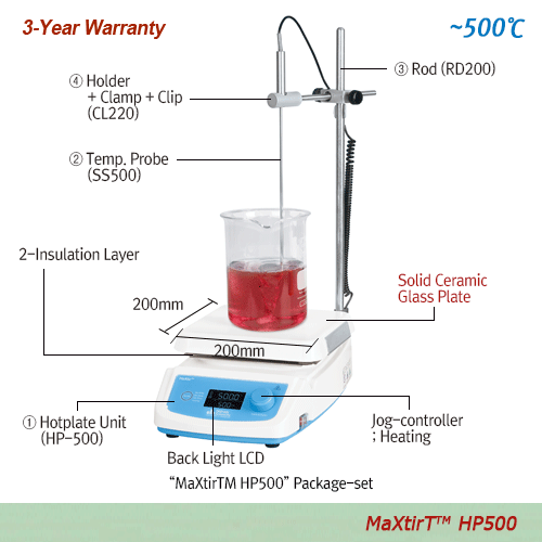 500℃  Hi-Temp. Digital Hotplate, HP500, Temp. Probe-set, 230V
