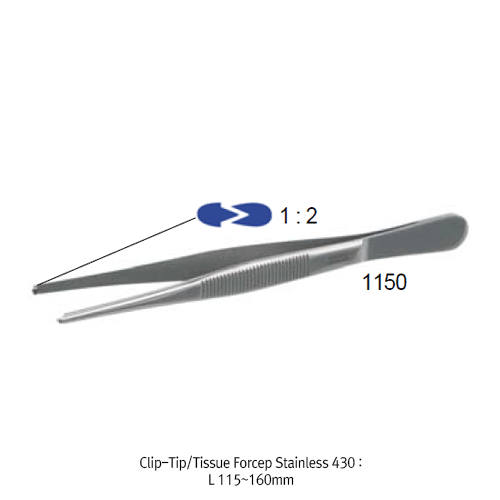 Tissue Forcep, Clip tip 1:2, STS, L115mm