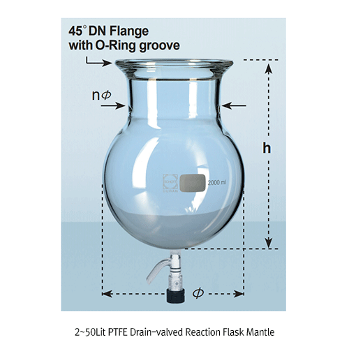 PTFE Drain-valved DURAN-glass Reaction Flask, DN200, 30, 000~33,000(full)㎖