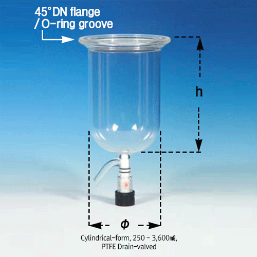 PTFE Drain-valved DURAN-glass Vacu./Pressure Reaction Vessel, DN 100 Vessel, -1,000~1,400(full)㎖.